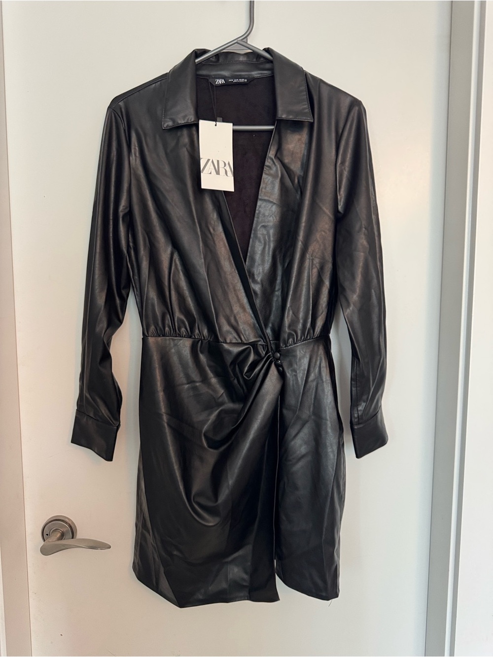 Zara Faux Leather Wrap effect Shirt Dress Black Long Sleeve NWT Size M